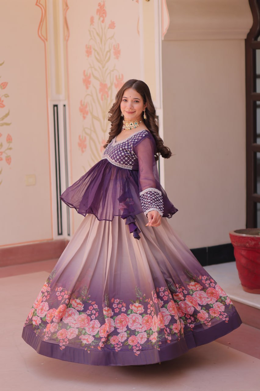 Purple Elegant Floral Cosmos Print Lehenga Set with Embroidered Peplum Top ClothsVilla