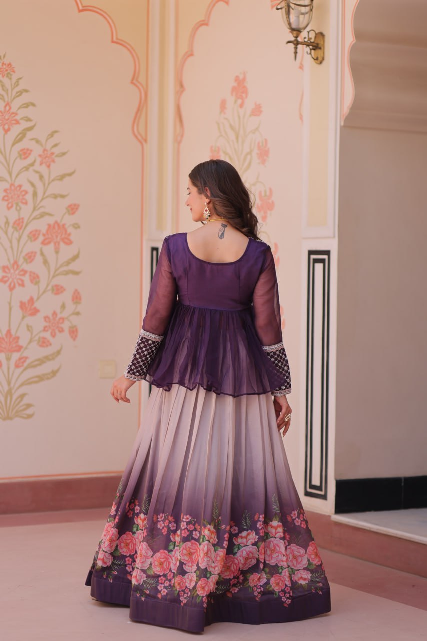 Purple Elegant Floral Cosmos Print Lehenga Set with Embroidered Peplum Top ClothsVilla