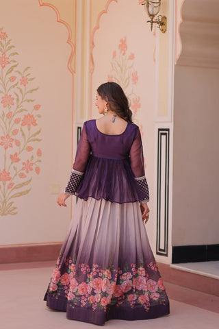 Purple Elegant Floral Cosmos Print Lehenga Set with Embroidered Peplum Top ClothsVilla