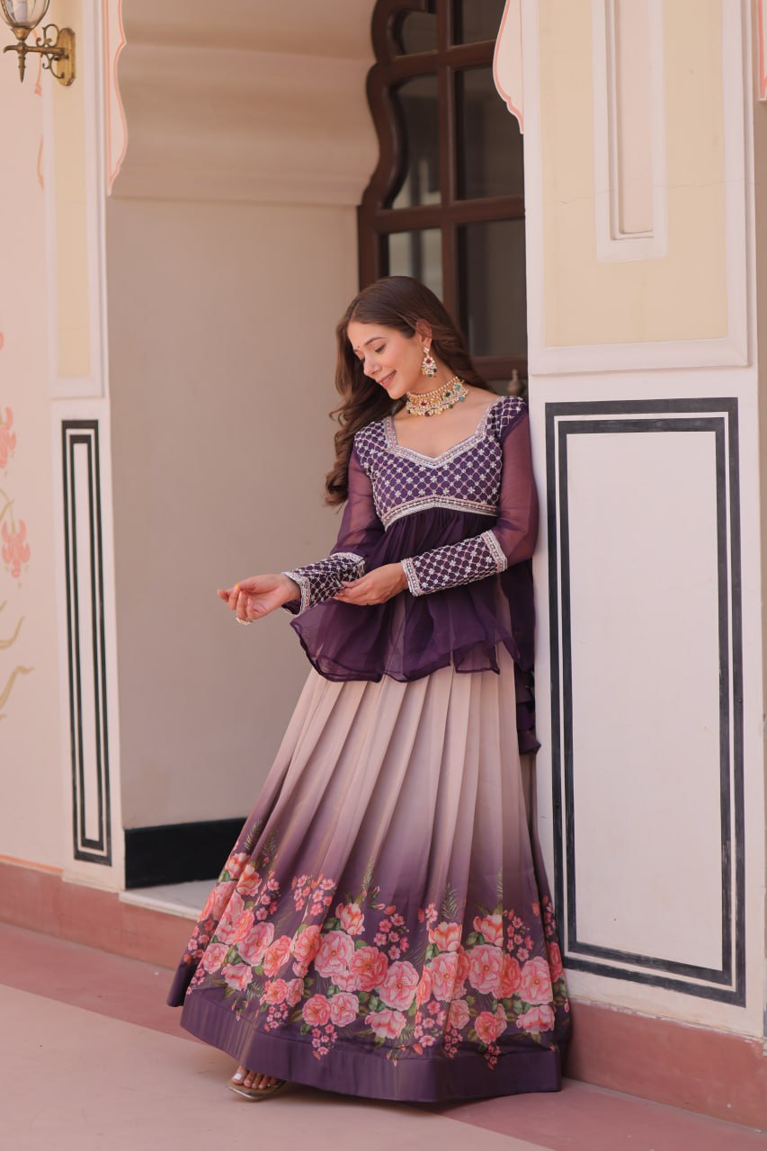 Purple Elegant Floral Cosmos Print Lehenga Set with Embroidered Peplum Top ClothsVilla