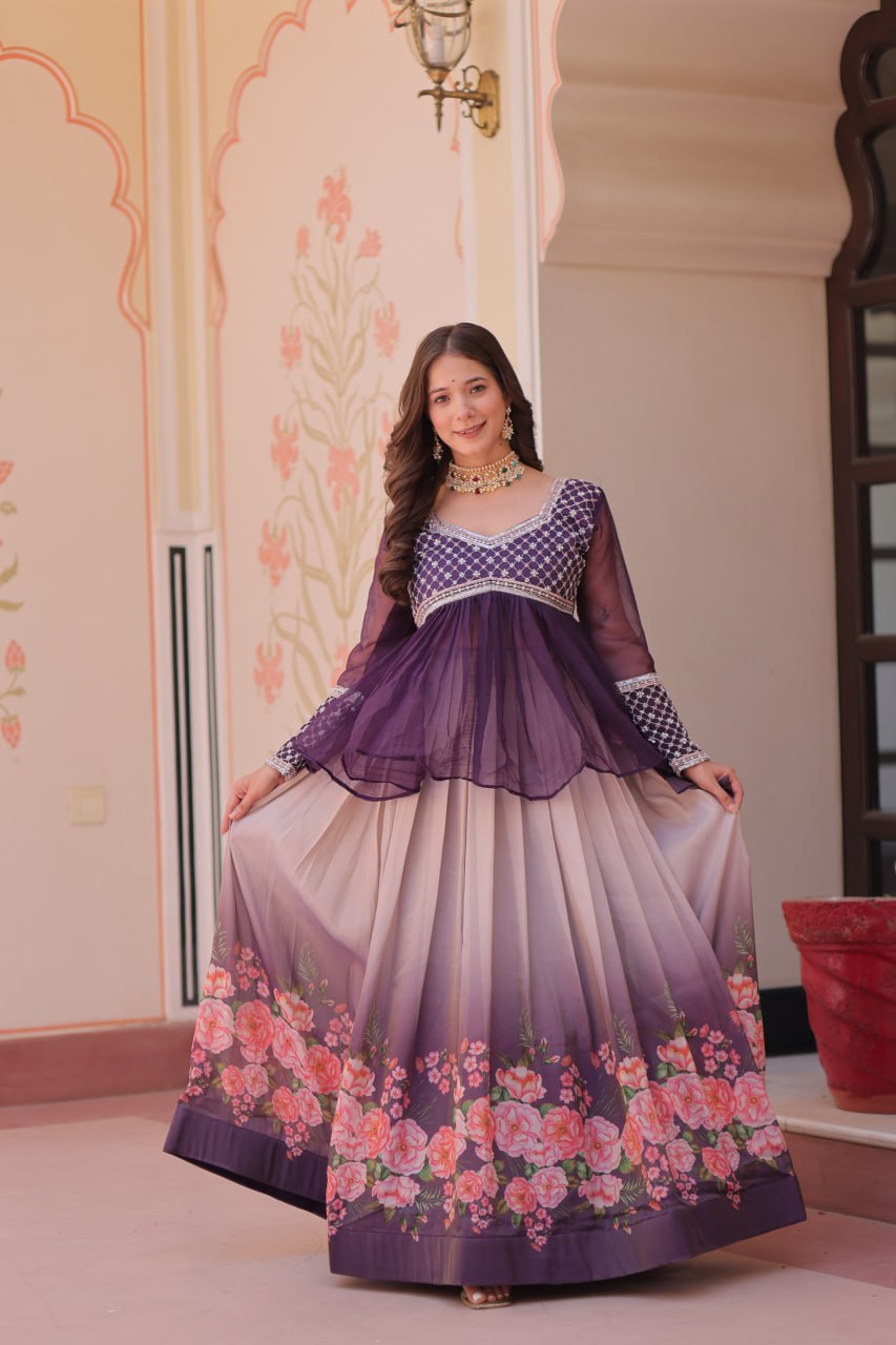 Purple Elegant Floral Cosmos Print Lehenga Set with Embroidered Peplum Top ClothsVilla