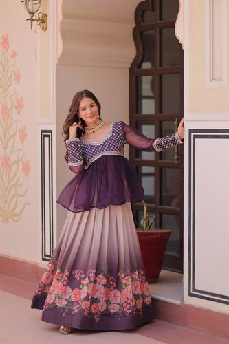 Purple Elegant Floral Cosmos Print Lehenga Set with Embroidered Peplum Top ClothsVilla