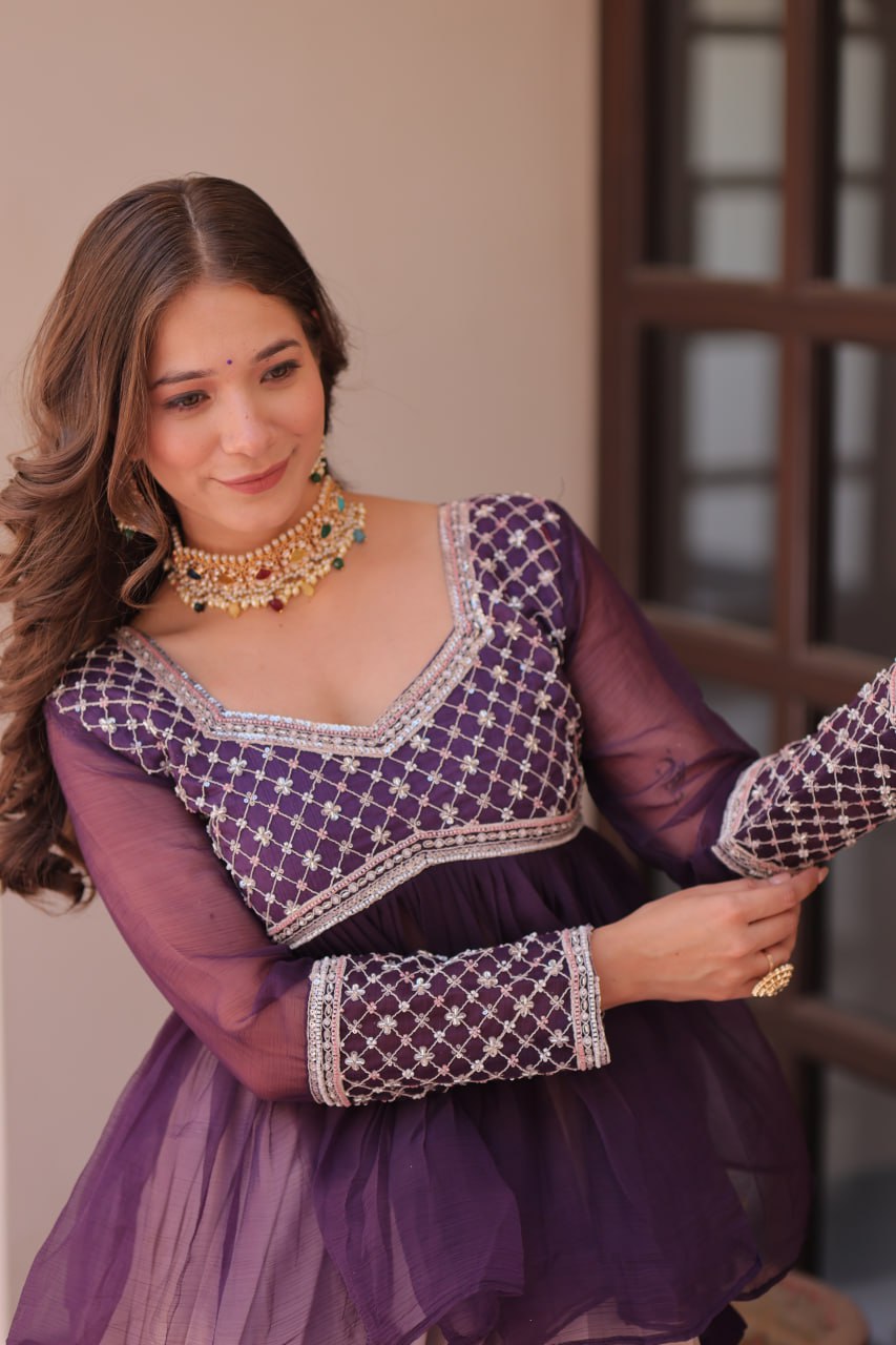 Purple Elegant Floral Cosmos Print Lehenga Set with Embroidered Peplum Top ClothsVilla