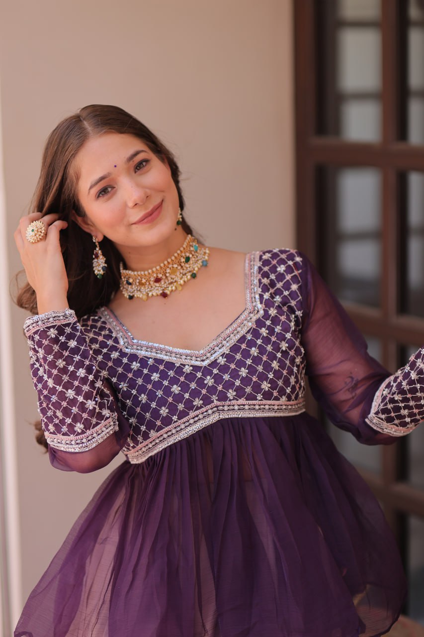 Purple Elegant Floral Cosmos Print Lehenga Set with Embroidered Peplum Top ClothsVilla