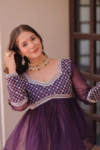 Purple Elegant Floral Cosmos Print Lehenga Set with Embroidered Peplum Top ClothsVilla