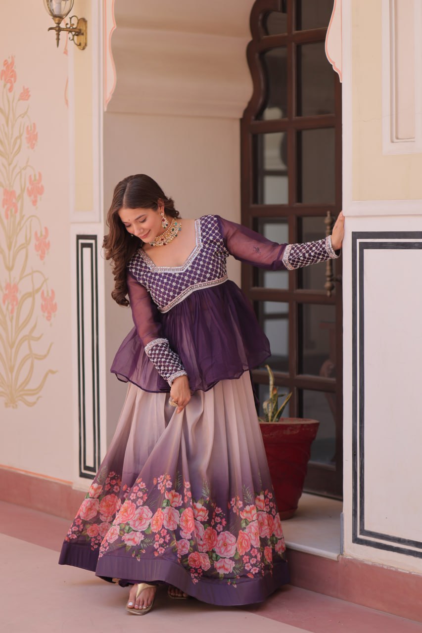 Purple Elegant Floral Cosmos Print Lehenga Set with Embroidered Peplum Top ClothsVilla