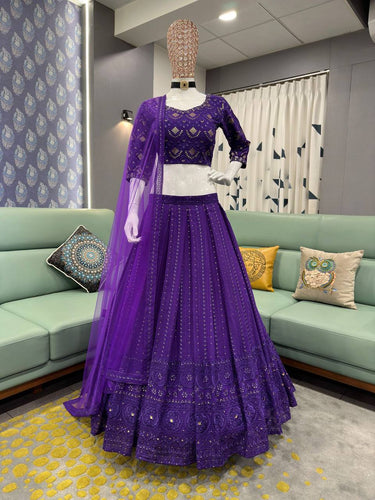 Purple Elegant Fox Georgette Embroidered Lehenga Choli Set with Dupatta ClothsVilla.com