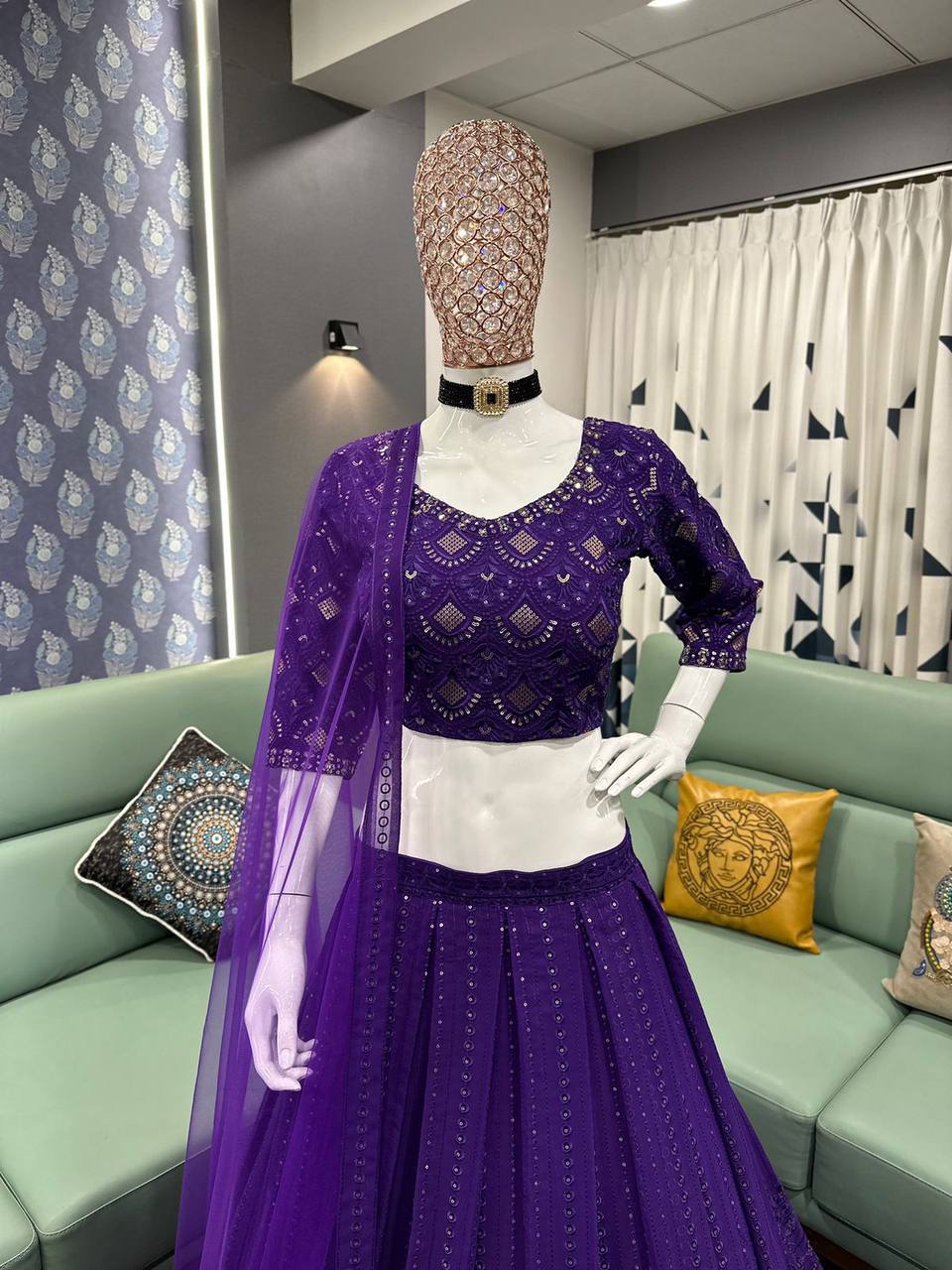 Purple Elegant Fox Georgette Embroidered Lehenga Choli Set with Dupatta ClothsVilla.com
