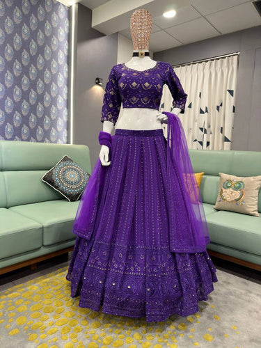 Purple Elegant Fox Georgette Embroidered Lehenga Choli Set with Dupatta ClothsVilla.com