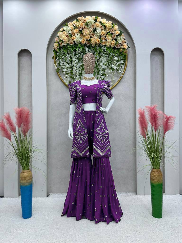 Purple Elegant Fox Georgette Koti Set with Choli & Plazo | Sequins Glam for Festive & Party Wear ClothsVilla Main image