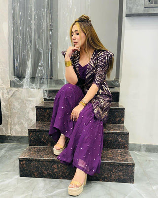Purple Elegant Fox Georgette Koti Set with Choli & Plazo | Sequins Glam for Festive & Party Wear ClothsVilla