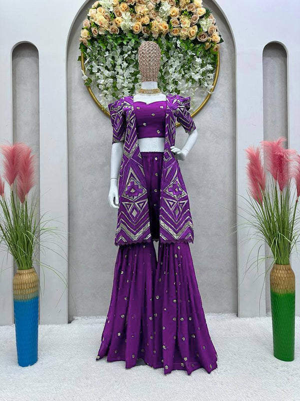 Purple Elegant Fox Georgette Koti Set with Choli & Plazo | Sequins Glam for Festive & Party Wear ClothsVilla
