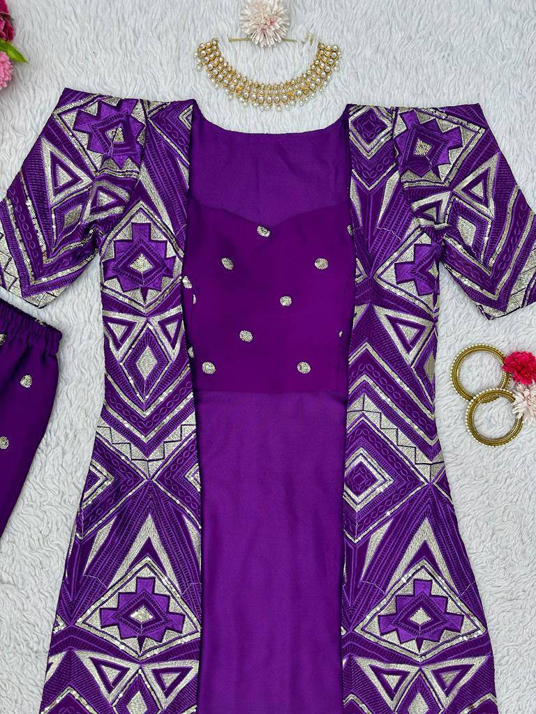 Purple Elegant Fox Georgette Koti Set with Choli & Plazo | Sequins Glam for Festive & Party Wear ClothsVilla