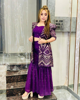 Purple Elegant Fox Georgette Koti Set with Choli & Plazo | Sequins Glam for Festive & Party Wear ClothsVilla