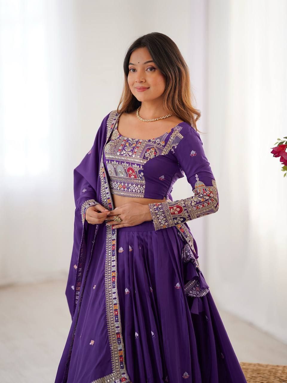Purple Elegant French Crepe Semi-Stitched Lehenga with Multi-Thread & Sequins Embroidery ClothsVilla