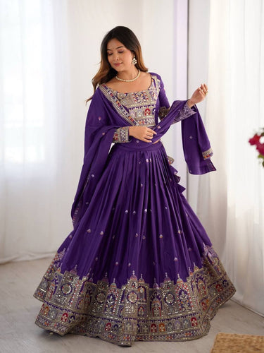 Purple Elegant French Crepe Semi-Stitched Lehenga with Multi-Thread & Sequins Embroidery ClothsVilla