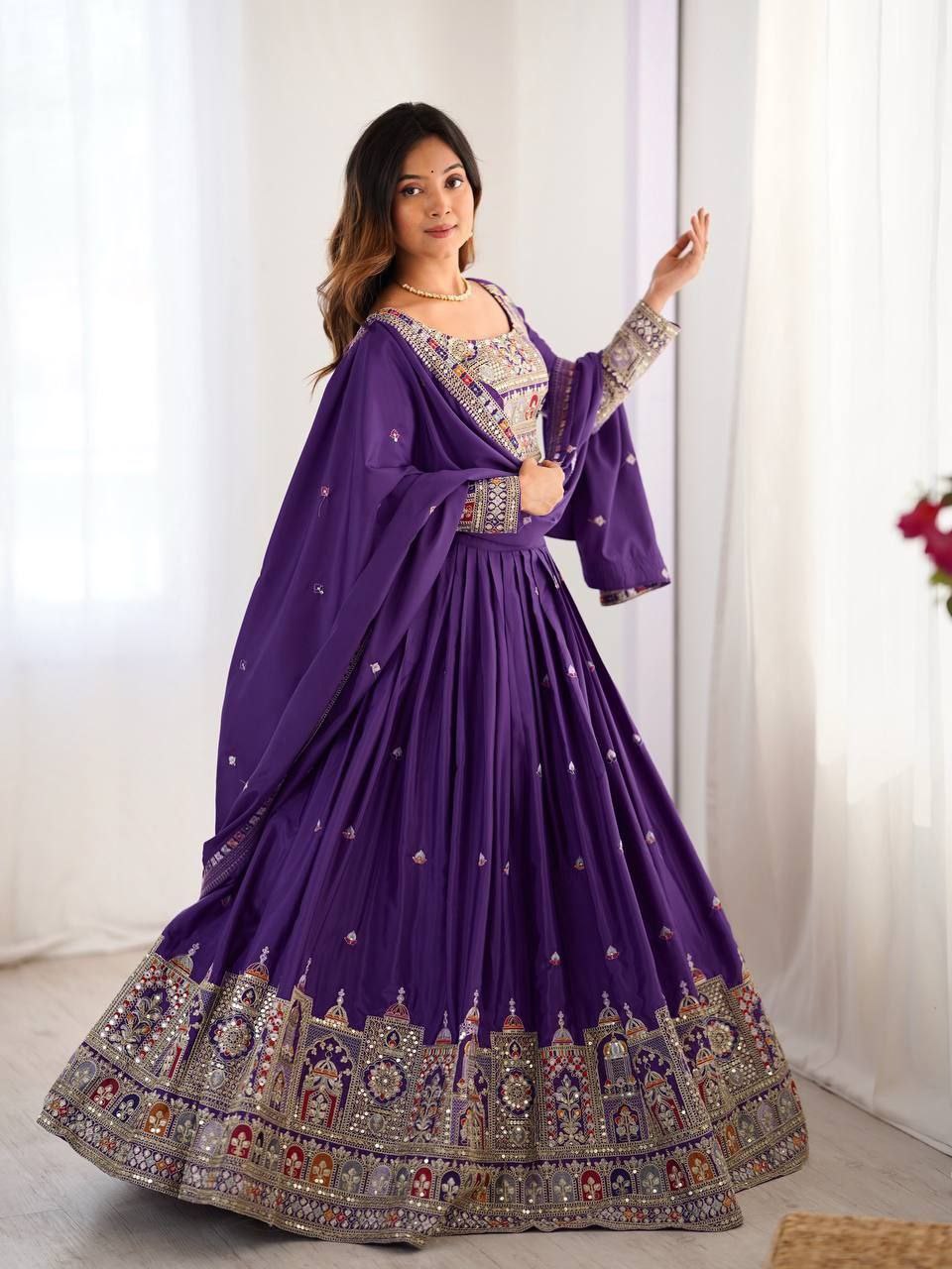 Purple Elegant French Crepe Semi-Stitched Lehenga with Multi-Thread & Sequins Embroidery Secondary image