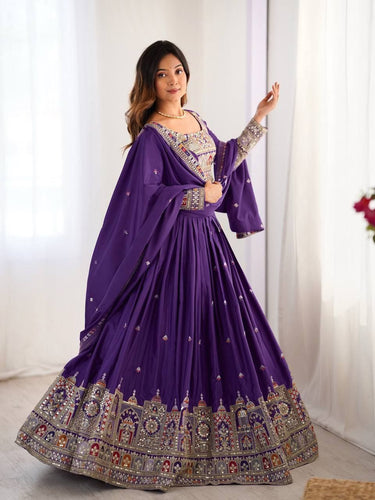 Purple Elegant French Crepe Semi-Stitched Lehenga with Multi-Thread & Sequins Embroidery ClothsVilla