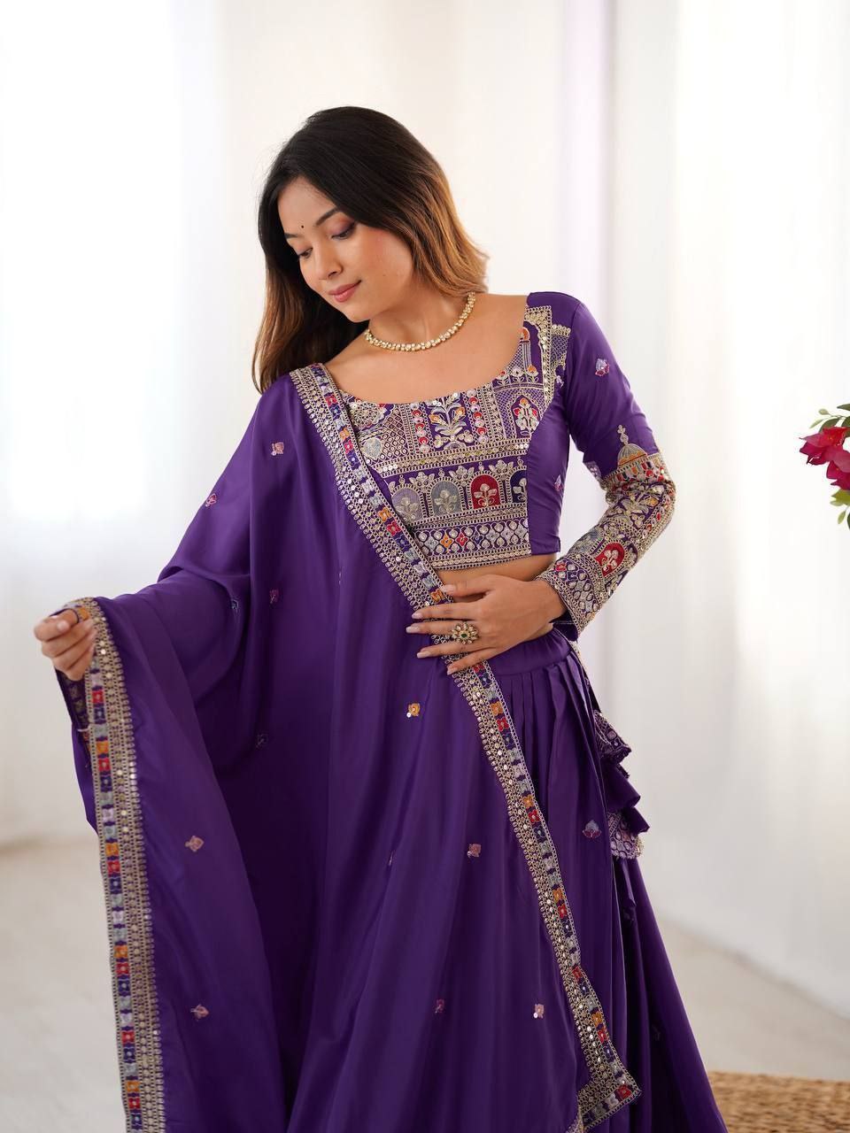 Purple Elegant French Crepe Semi-Stitched Lehenga with Multi-Thread & Sequins Embroidery ClothsVilla