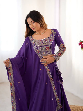 Purple Elegant French Crepe Semi-Stitched Lehenga with Multi-Thread & Sequins Embroidery ClothsVilla