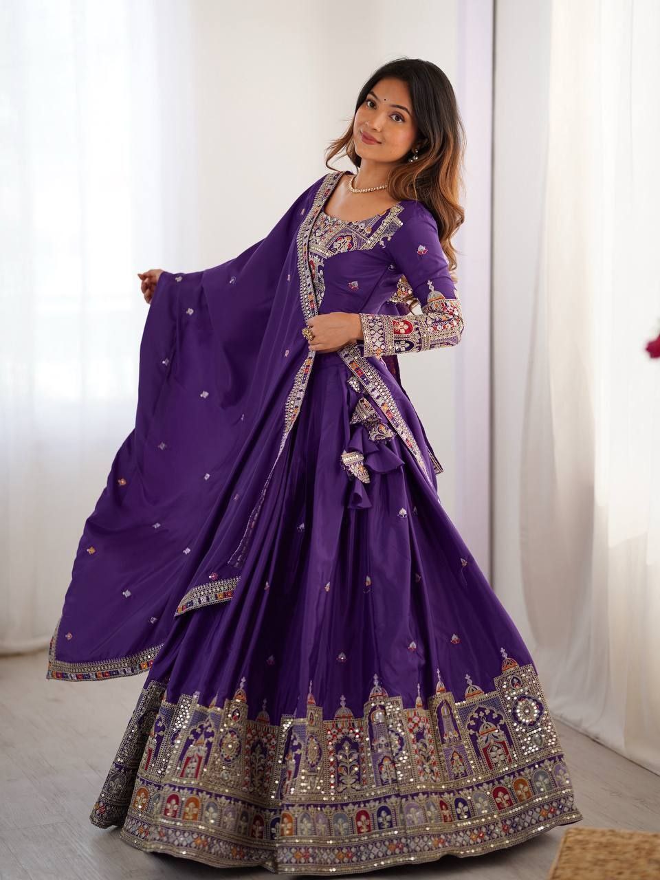 Purple Elegant French Crepe Semi-Stitched Lehenga with Multi-Thread & Sequins Embroidery ClothsVilla