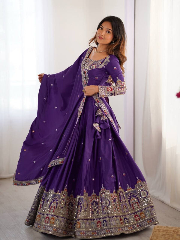 Purple Elegant French Crepe Semi-Stitched Lehenga with Multi-Thread & Sequins Embroidery ClothsVilla