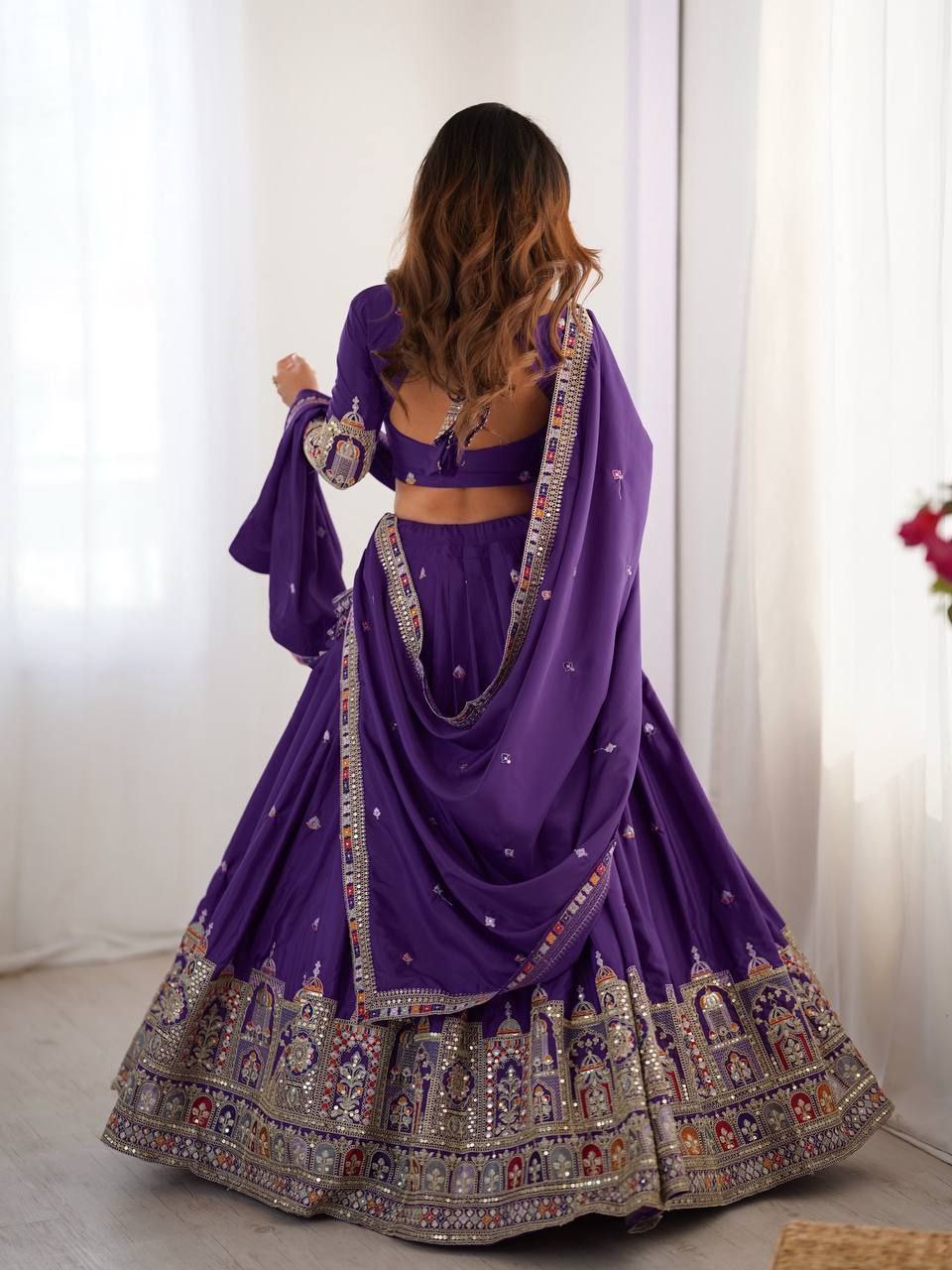Purple Elegant French Crepe Semi-Stitched Lehenga with Multi-Thread & Sequins Embroidery ClothsVilla