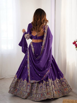 Purple Elegant French Crepe Semi-Stitched Lehenga with Multi-Thread & Sequins Embroidery ClothsVilla