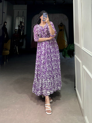 Purple Elegant Georgette Printed Frock – Stitched & Comfortable ClothsVilla
