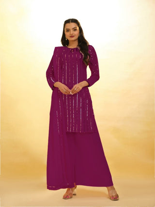 Purple Elegant Georgette Sequins Embroidered Top with Palazzo &amp; Dupatta Set ClothsVilla
