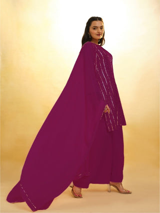 Purple Elegant Georgette Sequins Embroidered Top with Palazzo &amp; Dupatta Set ClothsVilla