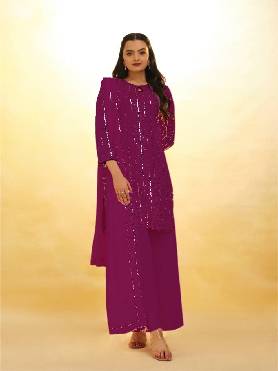 Purple Elegant Georgette Sequins Embroidered Top with Palazzo &amp; Dupatta Set ClothsVilla