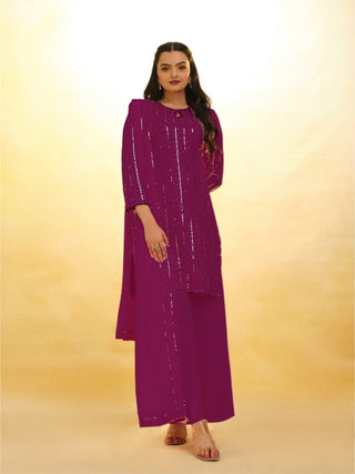 Purple Elegant Georgette Sequins Embroidered Top with Palazzo &amp; Dupatta Set ClothsVilla