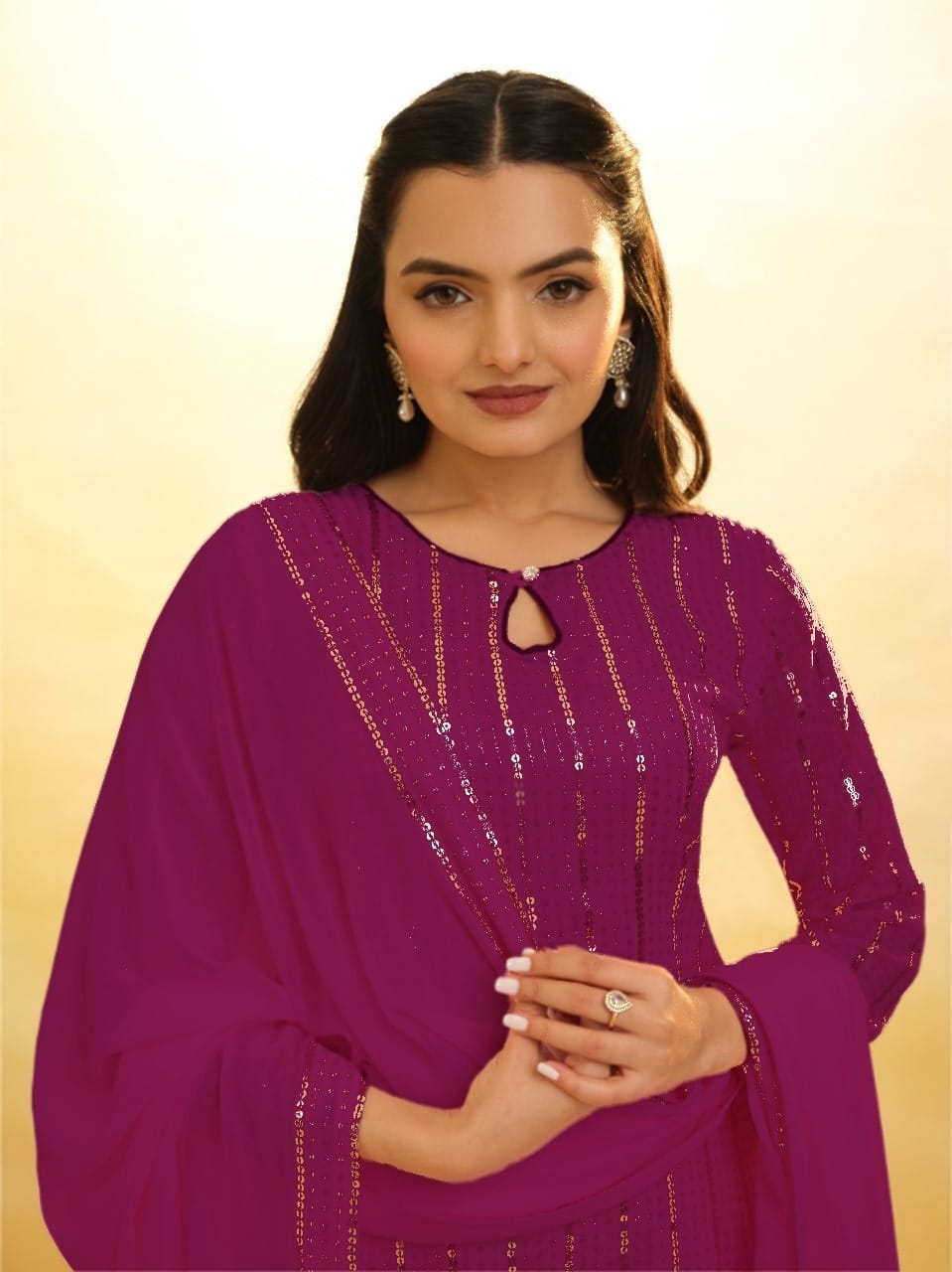 Purple Elegant Georgette Sequins Embroidered Top with Palazzo &amp; Dupatta Set ClothsVilla