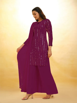 Purple Elegant Georgette Sequins Embroidered Top with Palazzo &amp; Dupatta Set ClothsVilla