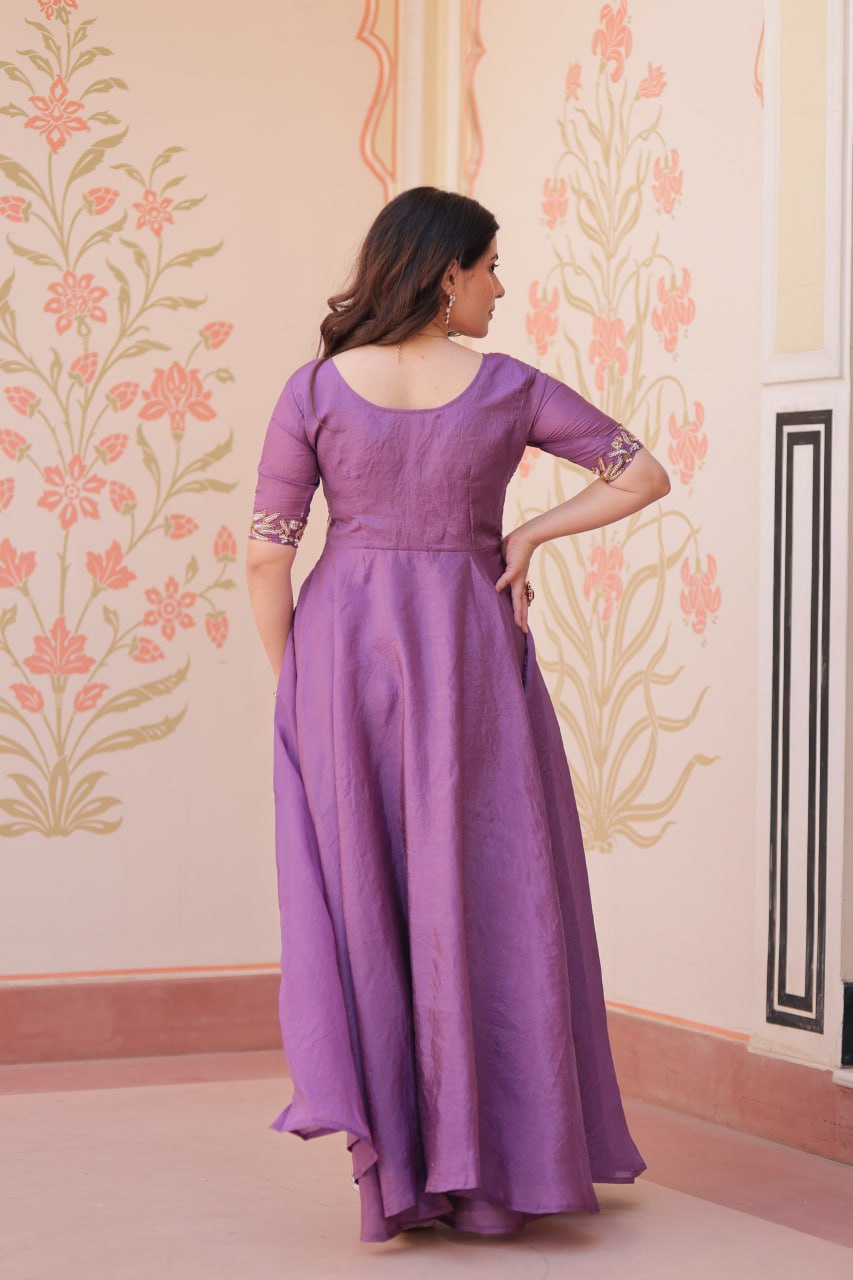 Purple Elegant Gold Crush Embroidered Gown for Women 8 Meter Umbrella Flair Party & Festive Wear ClothsVilla
