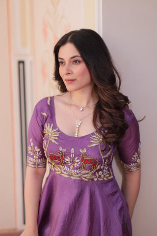 Purple Elegant Gold Crush Embroidered Gown for Women 8 Meter Umbrella Flair Party & Festive Wear ClothsVilla
