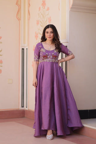 Purple Elegant Gold Crush Embroidered Gown for Women 8 Meter Umbrella Flair Party & Festive Wear ClothsVilla