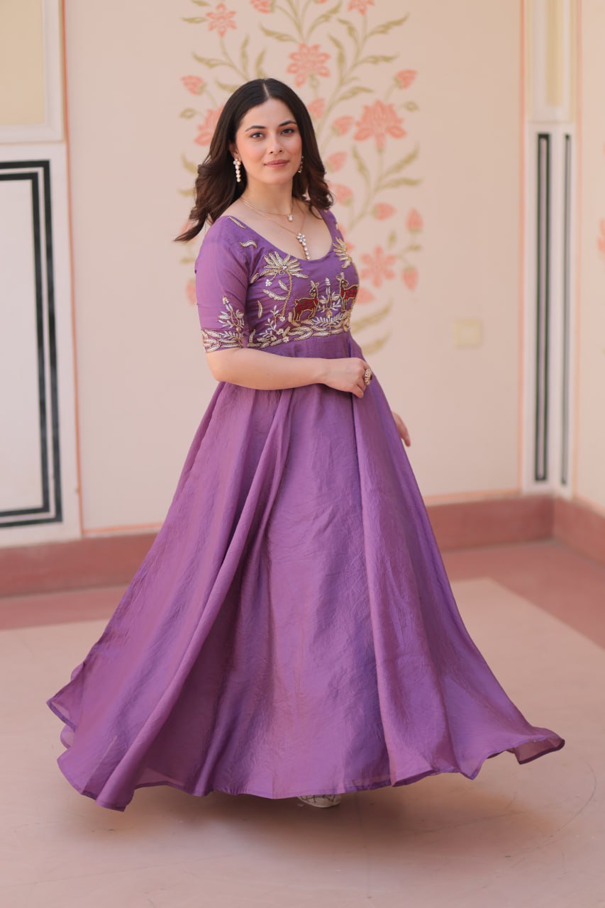 Purple Elegant Gold Crush Embroidered Gown for Women 8 Meter Umbrella Flair Party & Festive Wear ClothsVilla