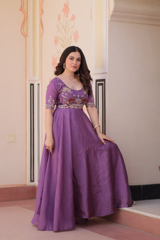 Purple Elegant Gold Crush Embroidered Gown for Women 8 Meter Umbrella Flair Party & Festive Wear ClothsVilla