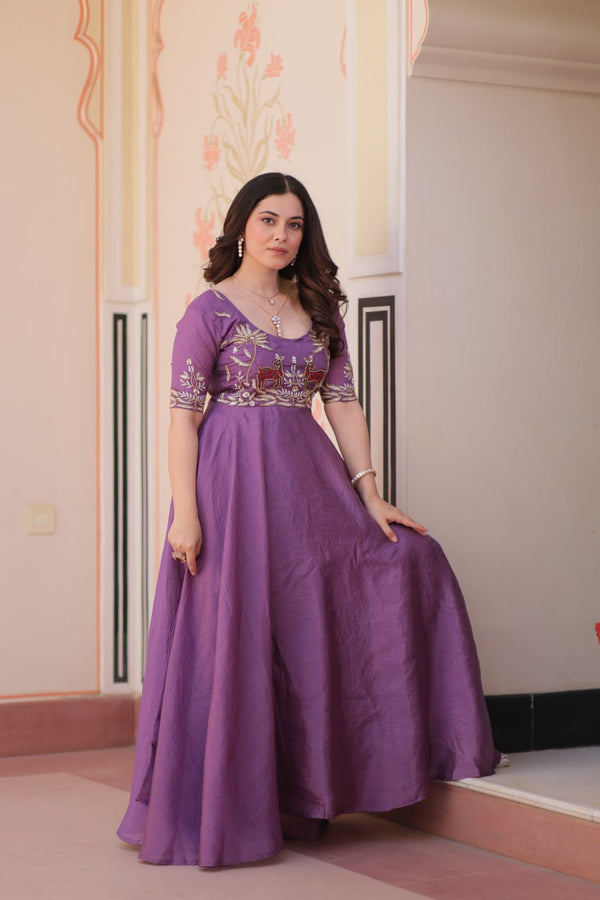 Purple Elegant Gold Crush Embroidered Gown for Women 8 Meter Umbrella Flair Party & Festive Wear ClothsVilla