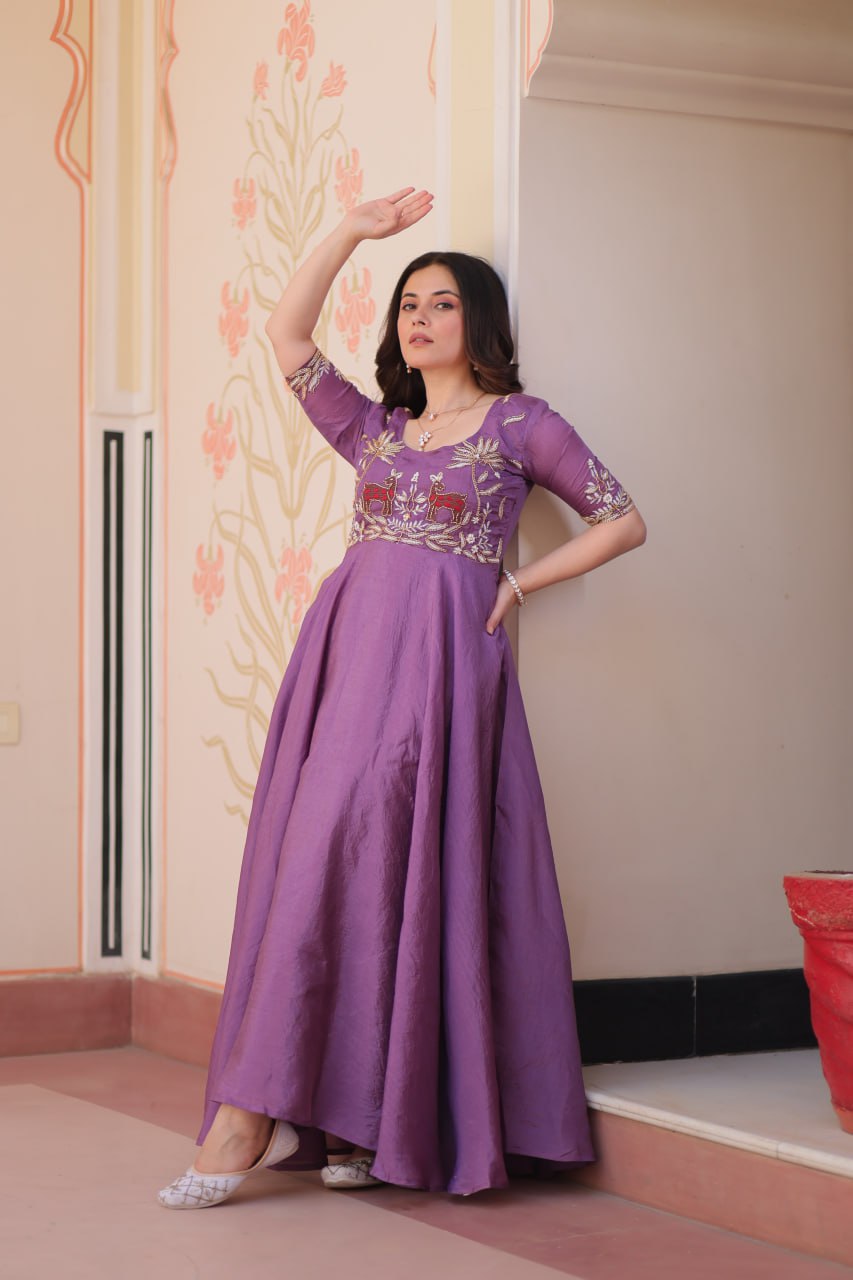 Purple Elegant Gold Crush Embroidered Gown for Women 8 Meter Umbrella Flair Party & Festive Wear ClothsVilla
