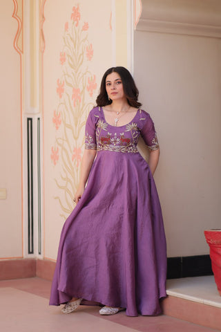 Purple Elegant Gold Crush Embroidered Gown for Women 8 Meter Umbrella Flair Party & Festive Wear ClothsVilla