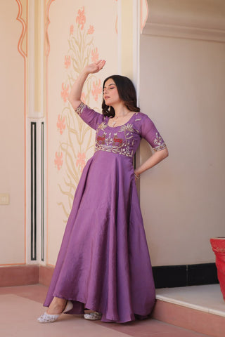 Purple Elegant Gold Crush Embroidered Gown for Women 8 Meter Umbrella Flair Party & Festive Wear ClothsVilla