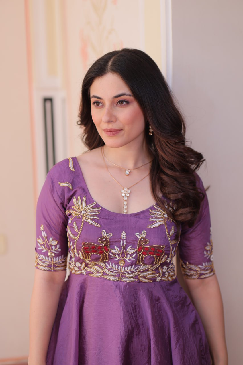 Purple Elegant Gold Crush Embroidered Gown for Women 8 Meter Umbrella Flair Party & Festive Wear ClothsVilla