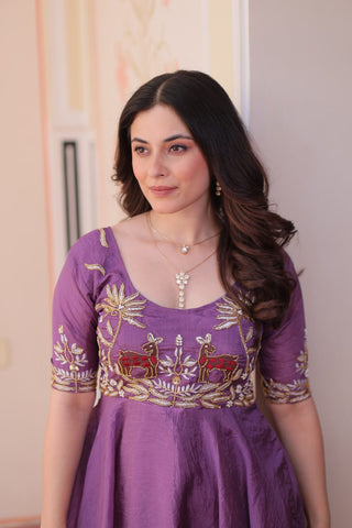 Purple Elegant Gold Crush Embroidered Gown for Women 8 Meter Umbrella Flair Party & Festive Wear ClothsVilla
