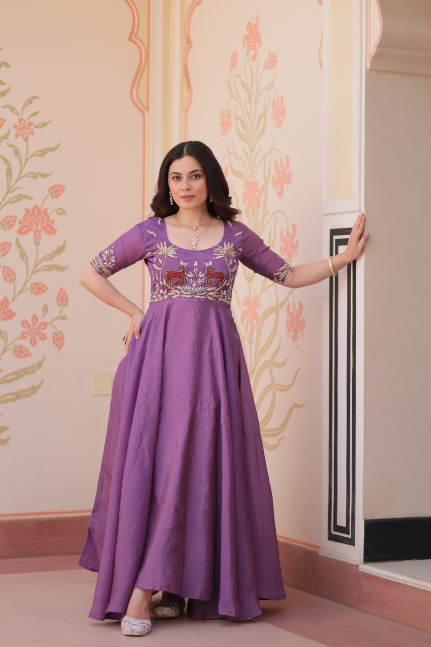 Purple Elegant Gold Crush Embroidered Gown for Women 8 Meter Umbrella Flair Party & Festive Wear ClothsVilla