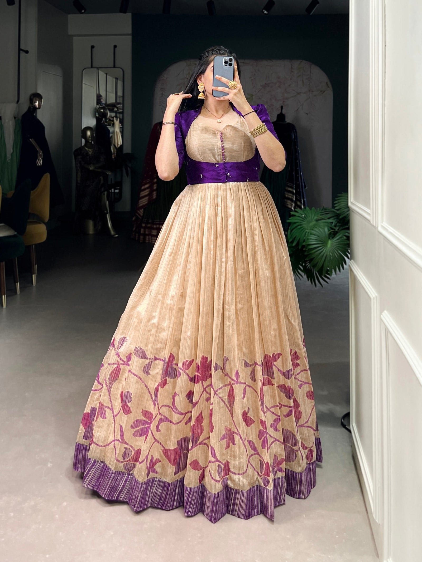 Purple Elegant Green Silk Printed Gown with Embroidered Banglory Koti ClothsVilla