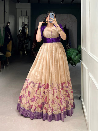 Purple Elegant Green Silk Printed Gown with Embroidered Banglory Koti ClothsVilla