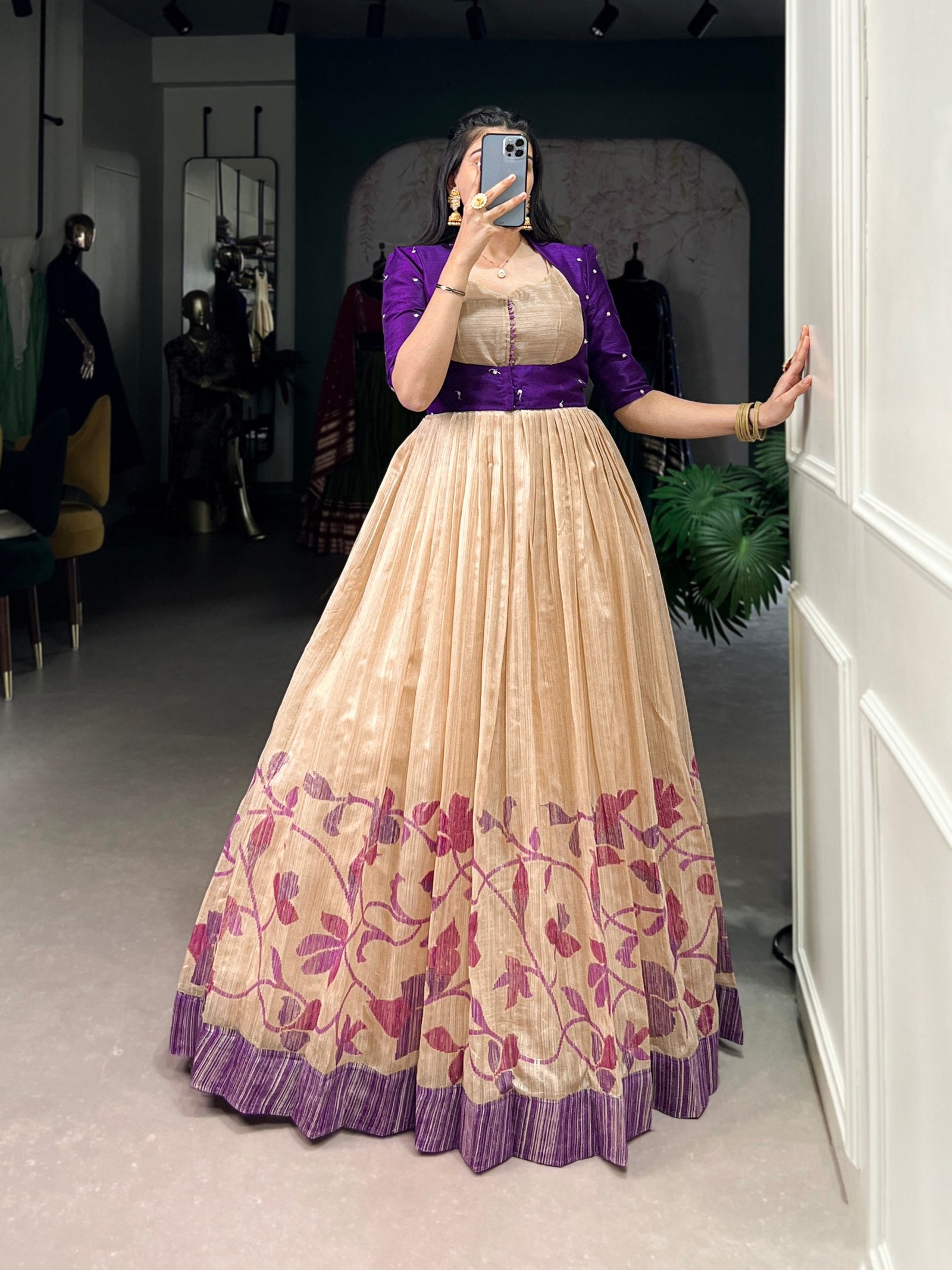 Purple Elegant Green Silk Printed Gown with Embroidered Banglory Koti ClothsVilla